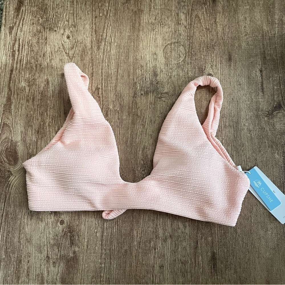 NWT Cupshe Womens Bikini Swim Suit Top Pink Textured Knit Fabric Tie Back Large